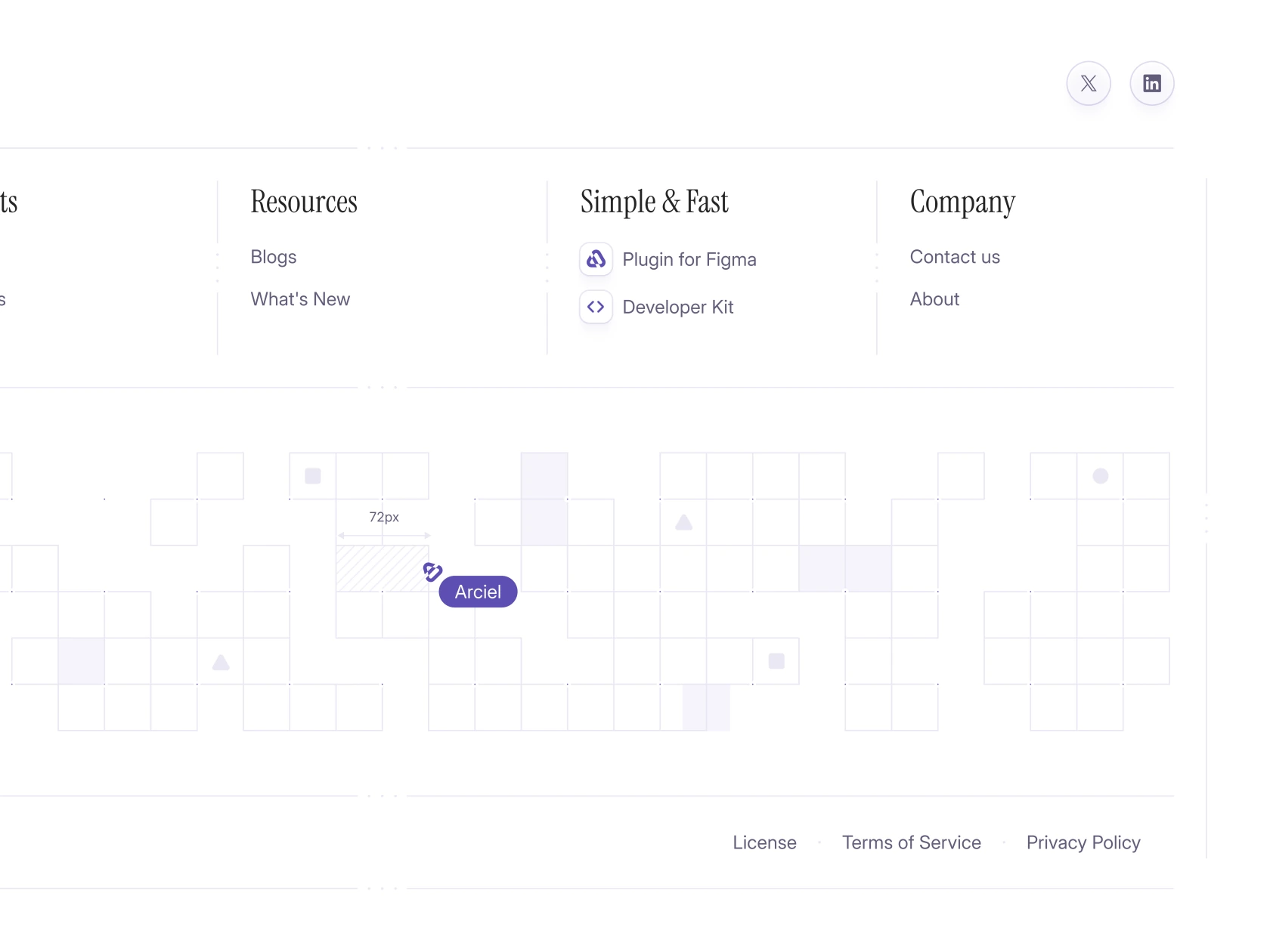Arciel website footer design with polished brand presence and structured navigation links.
