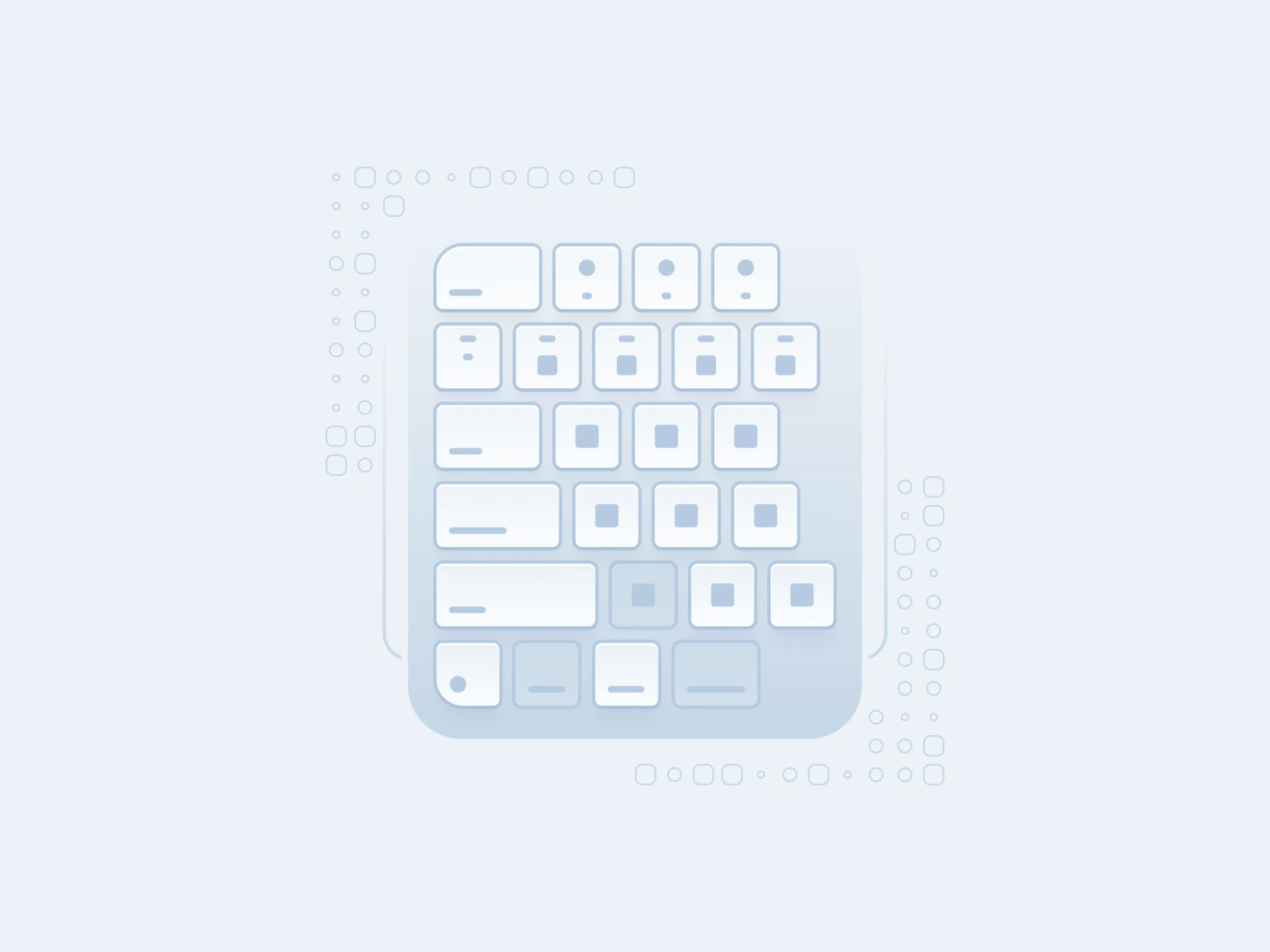 Keyboard visual with tactile form and polished digital object styling.